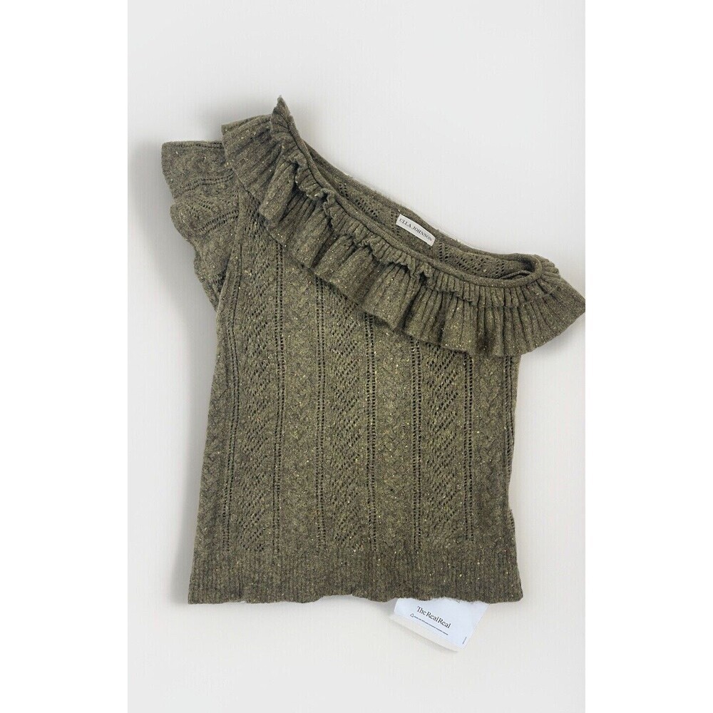 Ulla Johnson Womens Large Top Knit Ruffle One Shoulder Knit Green 100% Cashmere